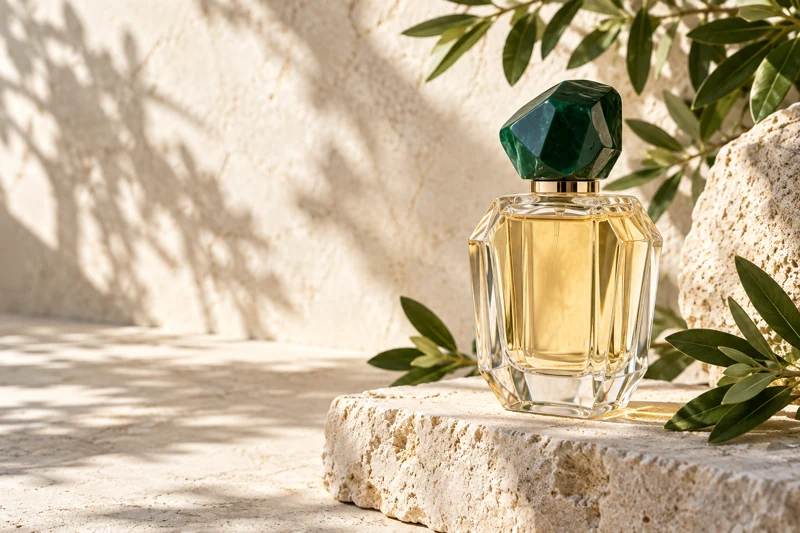 Illustrative perfume bottle with green cap and botanical shadows